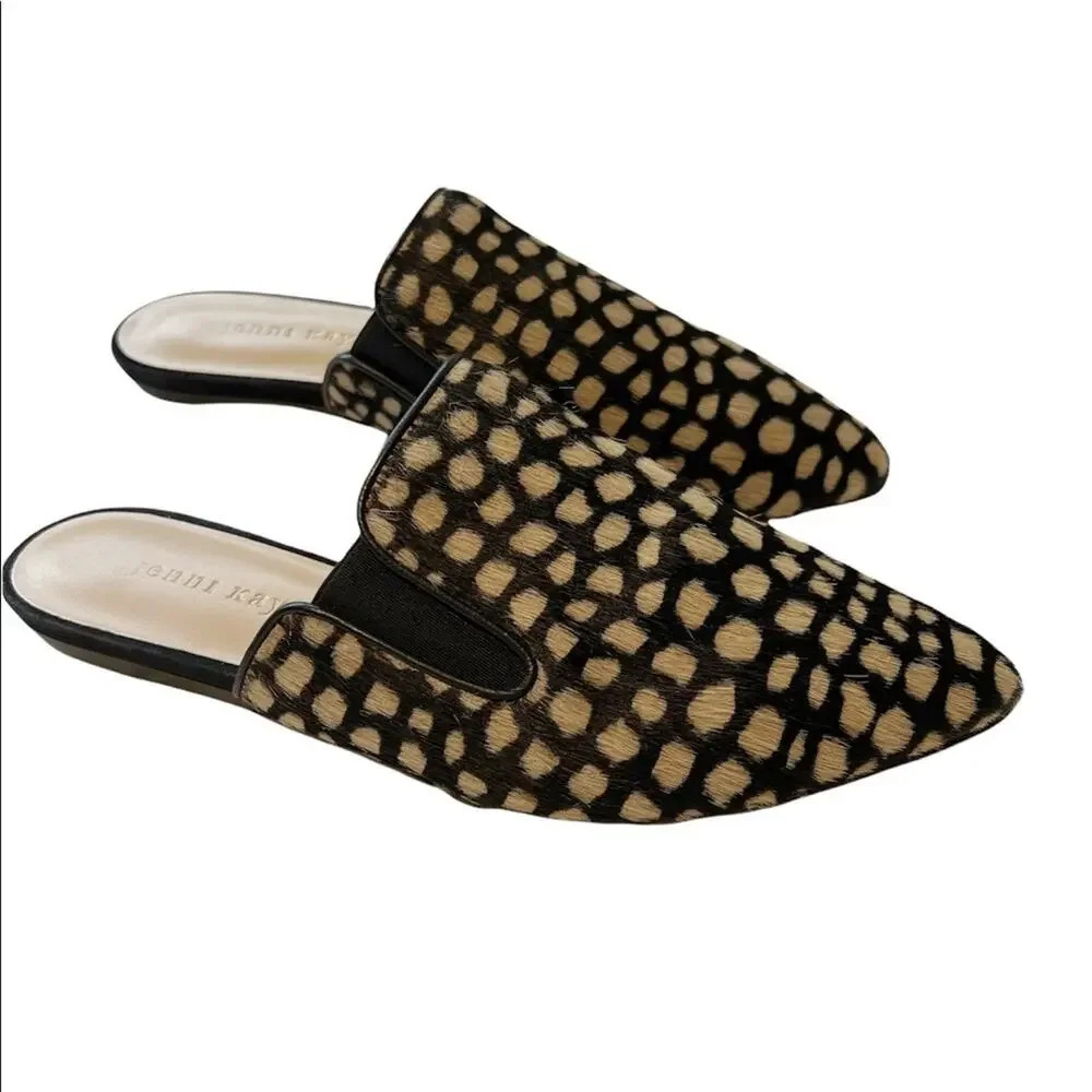 NWT JENNI KAYNE Pony Hair Mules in Black Honey Giraffe size 7